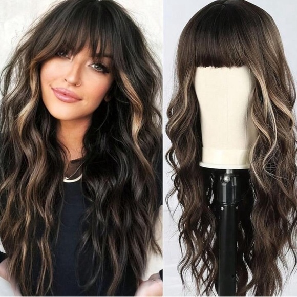 26 Inch Long Brown Wavy Wig with Light Blonde  highlights - Picture 1 of 12